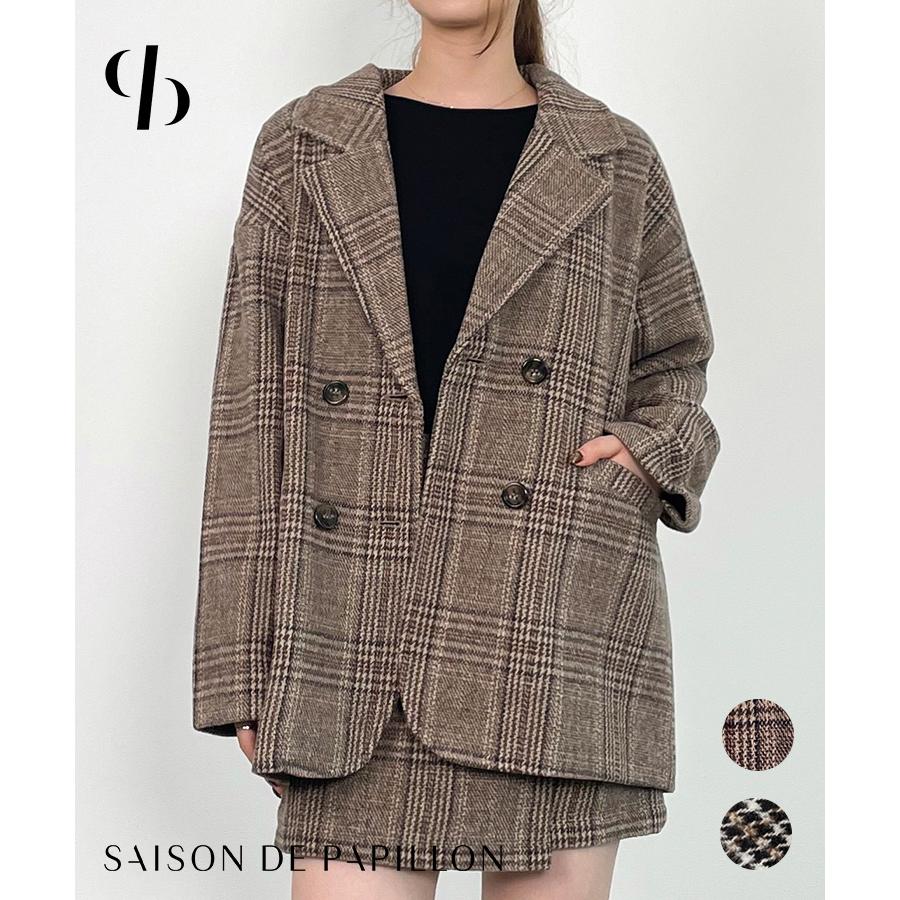 コート 秋 冬 レディース アウター レディースコート ショートコート ウール混　ミドル丈 チャック柄 チェスターコート ダブルコート 体型カバー 裏 | 