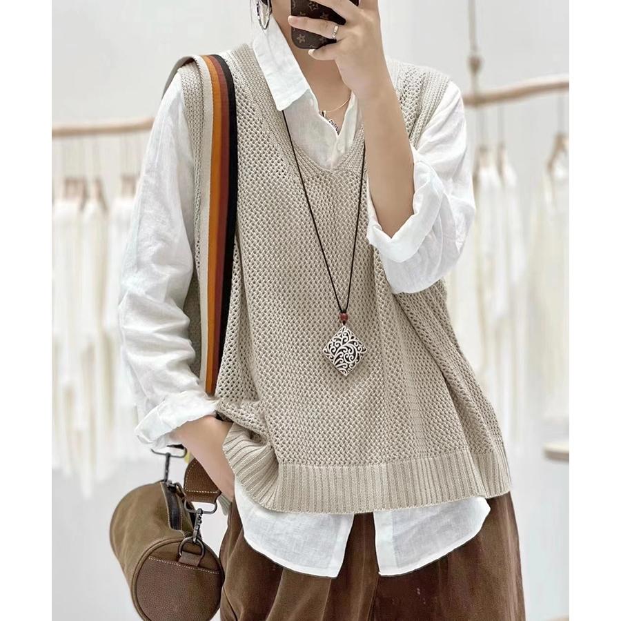 レディース ニット ベスト Vネック ゆったり トップス 透かし編み