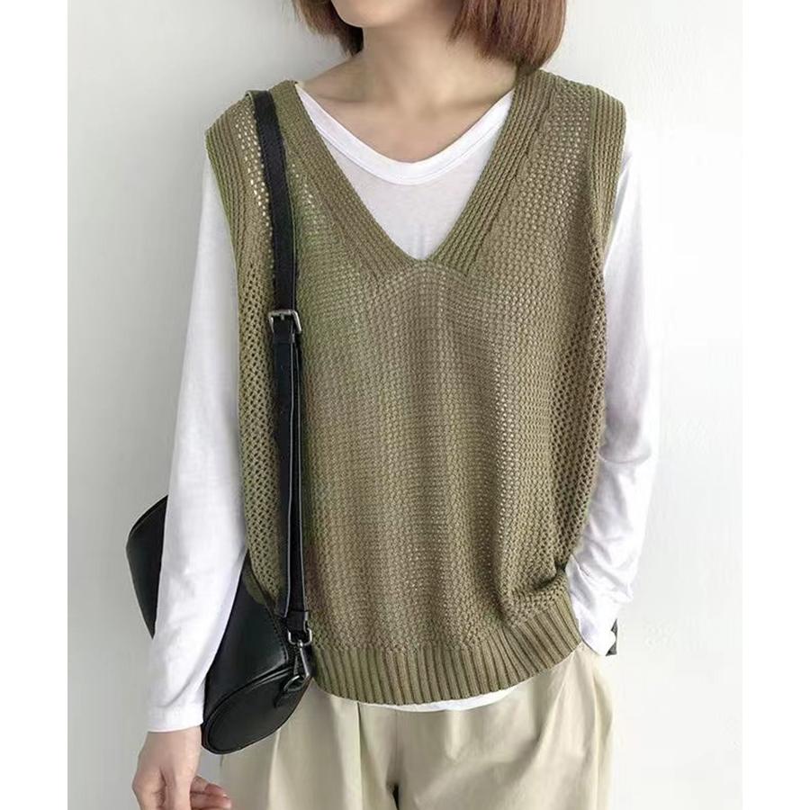 レディース ニット ベスト Vネック ゆったり トップス 透かし編み