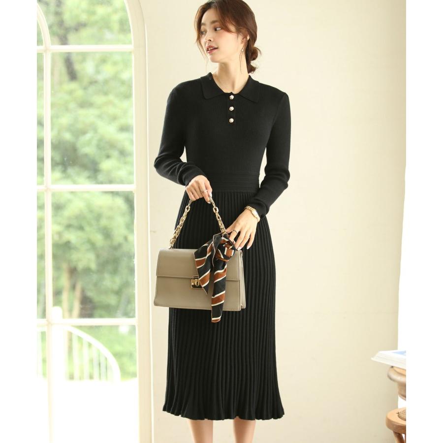 ニットワンピース 長袖 秋 冬 春 ワンピース レディース ニット 襟 オープンカラー ボタン パール パールボタン ウエスト切り替え ハイウエスト Xyf9877 Saison De Papillon 通販 Yahoo ショッピング