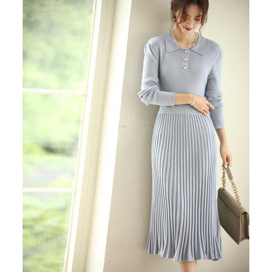 ニットワンピース 長袖 秋 冬 春 ワンピース レディース ニット 襟 オープンカラー ボタン パール パールボタン ウエスト切り替え ハイウエスト Xyf9877 Saison De Papillon 通販 Yahoo ショッピング