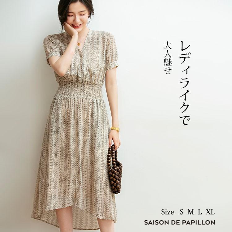 ワンピース 大きいサイズ インナーキャミソール付き Vネック インナー付き Aライン 花柄 半袖 パフスリーブ ミモレ丈 ハイウエスト切り替え ウ Xyz2305d Saison De Papillon 通販 Yahoo ショッピング