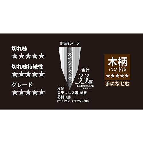 リバティーコーポレーション FN-105 Chef's Stile グレース 三徳包丁 刃渡り165mm ダマスカス 33層 木柄｜ebest｜04