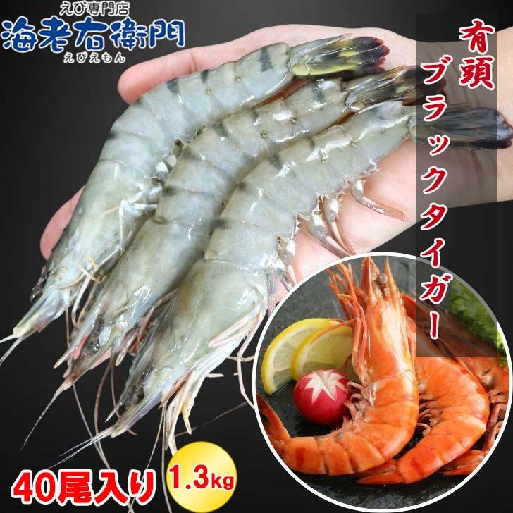有頭 ブラックタイガー海老 40尾入り 1.3kg　長さ約16cm 1尾約32.5g 冷凍えび スリランカ バーベキュー エビフライ 塩焼き 天ぷら 業務用 | 