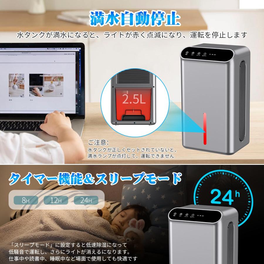 除湿機 小型 除湿器【大容量2.5L 強力除湿量1L/日】ダブルペルチェ式