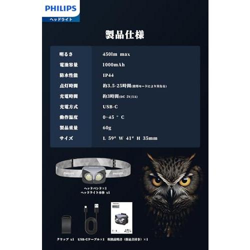 Philips フィリップス ヘッドライト USB充電式 led 高輝度 450ルーメン