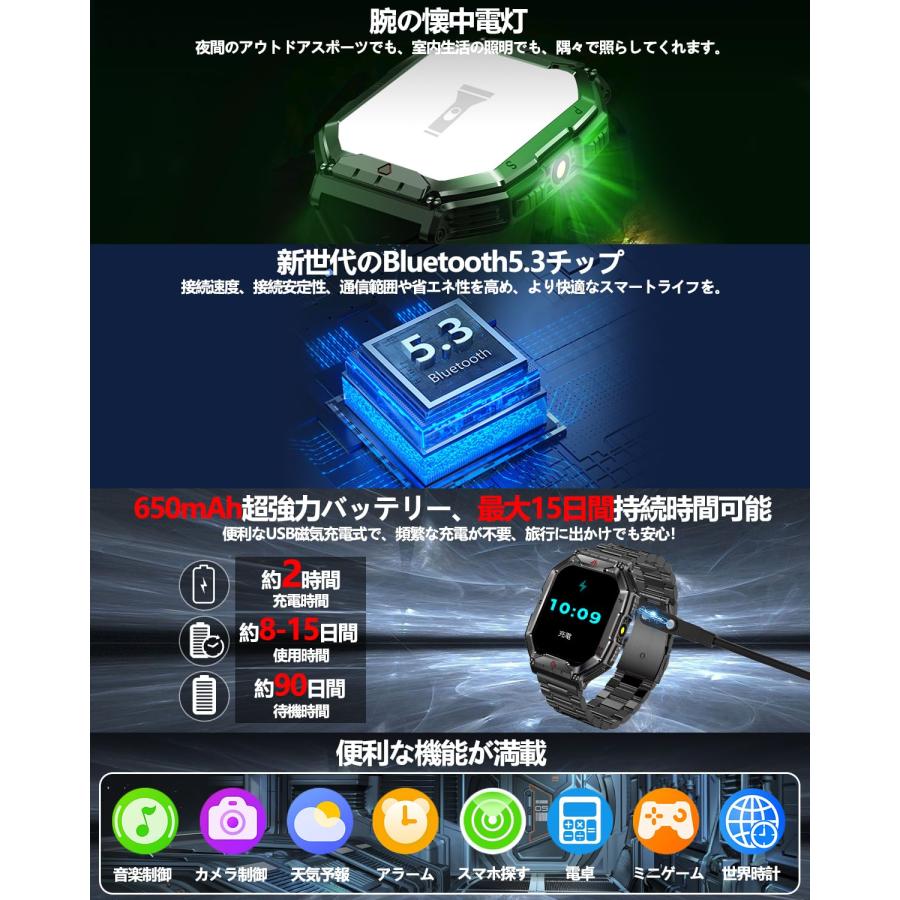 スマートウォッチ 2.1インチ超大画面2024アップグレード 2種バンド付き 腕の懐中電灯 軍用規格Bluetooth5.3通話 コンパス搭の画像