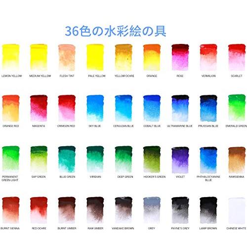 Ohuhu 水彩絵の具セット 36色 6本水彩筆 絵の具 絵具 水彩画セット画材