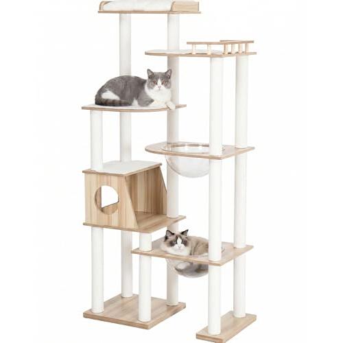 木製多層キャットタワー 透明ボウル付き　据え置き キャットタワー 木製 据え置き 大型猫＆多頭飼い対応 透明ボウル付き