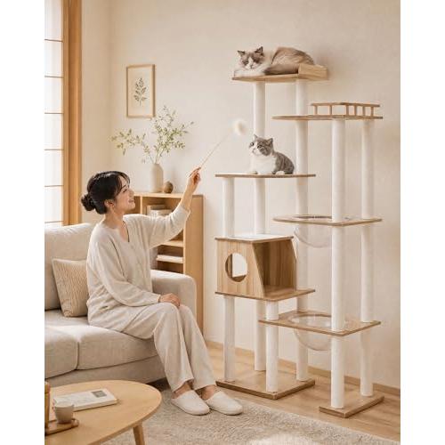 キャットタワー 木製 据え置き 大型猫＆多頭飼い対応 透明ボウル付き
