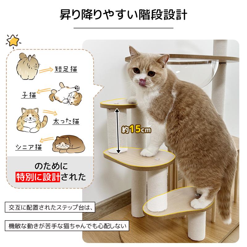 RAKU キャットタワー ねこタワー 子猫・短足猫・シニア猫・太った猫に特別設計 コットン支柱 階段設計 肉球が見える 隠れ家 展望台 爪とぎ｜ebisu-japan｜02