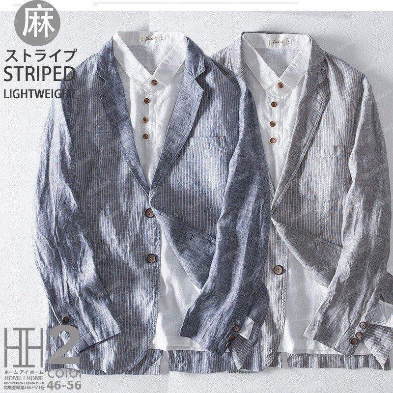 再入荷 ジャケット リネン ストライプ テーラード ブレザー 麻混 秋物 春 リネンジャケット ストライプ テーラードジャケット メンズ ブレザー 亜麻 麻混 綿麻 カジュアル スタイリッシュ