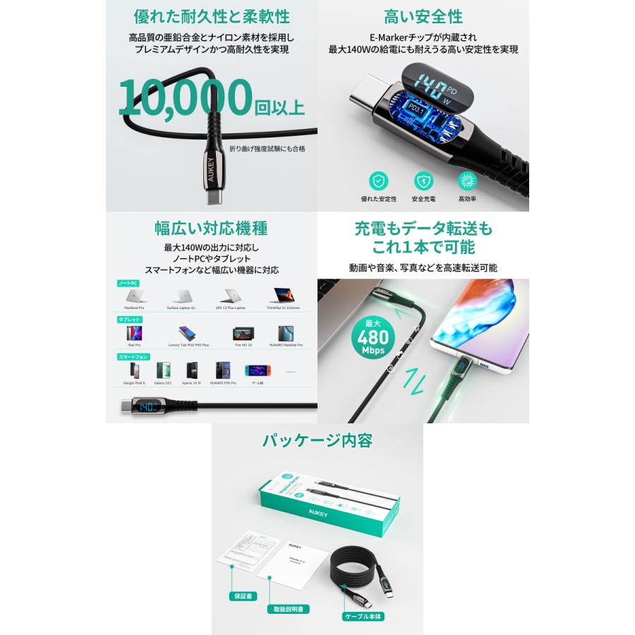 AUKEY USB Type-C to - Type-Cケーブル 140W Digital Display AUKEY USB Type-C to - Type-Cケーブル 140W Digital Display