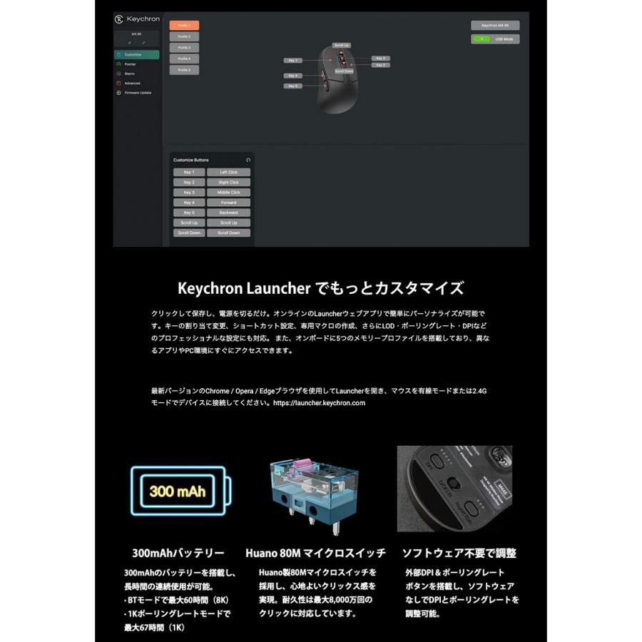 Keychron キークロン M4 ワイヤレスマウス 有線 / Bluetooth 5.1 / 2.4GHz ワイヤレス対応 ホワイト M4-A3