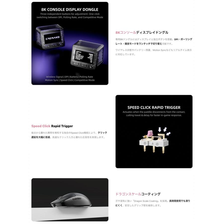 CRDRAKO KO-ONE ゲーミングマウス Purple デュアル8000Hz : キット