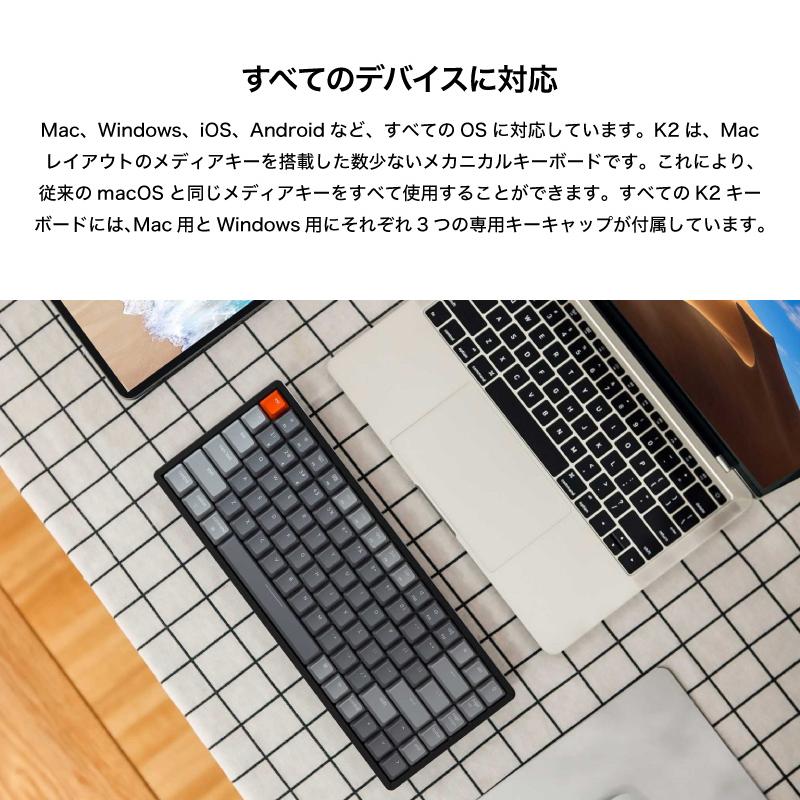 Keychron キークロン K2 V2 Mac英語配列 有線 / ワイヤレス テンキーレス Gateron 茶軸 84キー WHITE LEDライト メカニカルキーボード ネコポス不可｜ec-kitcut｜05