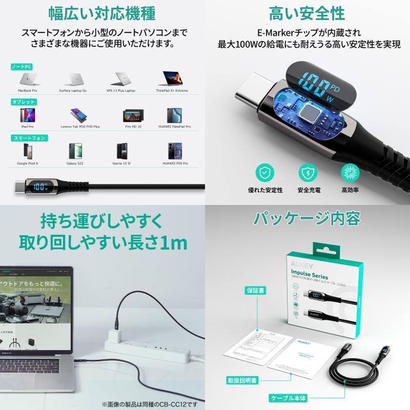 AUKEY オーキー USB Type-C - Type-C ケーブル Cable Impulse DigitalDisplay 1m ブラック デジタル出力表示 最大100W PD対応 ネコポス送料無料｜ec-kitcut｜03
