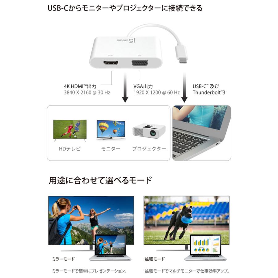 j5 create ジェイファイブクリエイト USB Type-C 4in1 PD対応 マルチアダプター VGA / HDMI / USB A  Type-C JCA175 ネコポス送料無料｜ec-kitcut｜04