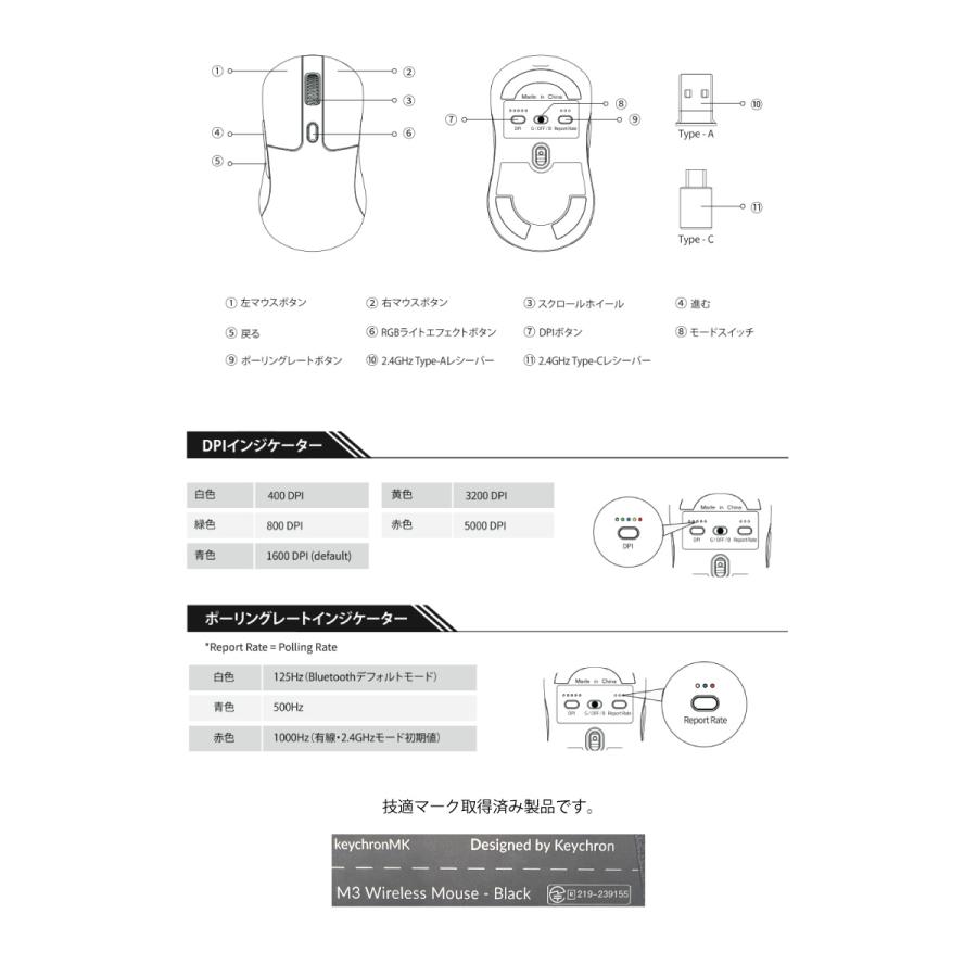 Keychron M3 ワイヤレスマウス 有線 / Bluetooth 5.1 / 2.4GHz ワイヤレス対応 USB A / Type-C レシーバー付属 ブラック M3-A1