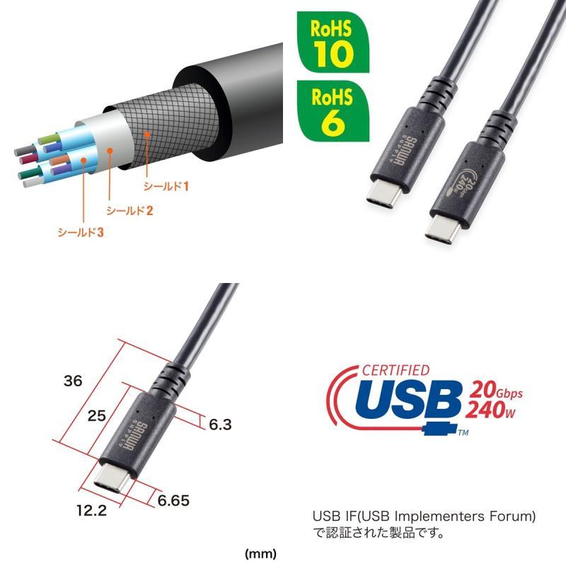 SANWA サンワサプライ USB20Gbps USB4 Gen2x2 Type-C ケーブル PD240W対応 ブラック 2.0m KU-20GCCPE20 ネコポス送料無料｜ec-kitcut｜04