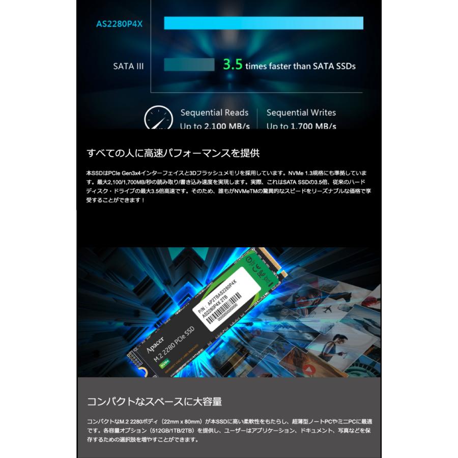 並行輸入品】Apacer アペイサー 512GB AS2280P4X M.2 SSD PCI