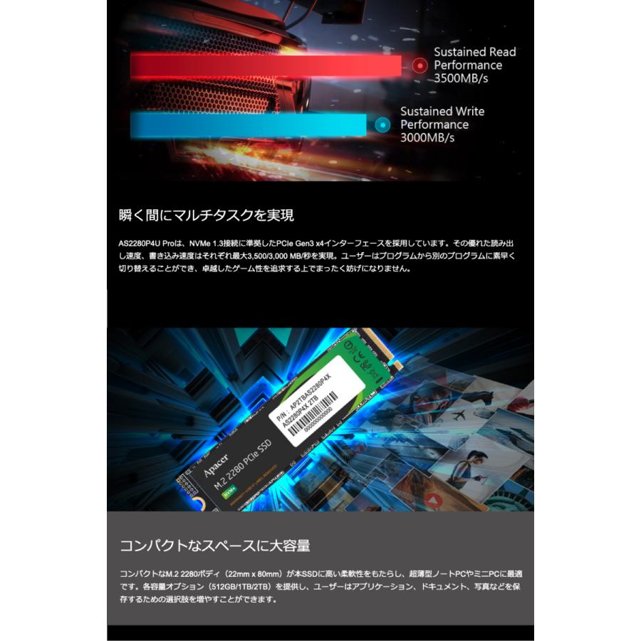並行輸入品】Apacer アペイサー 2TB AS2280P4U Proヒートシンク付 M.2