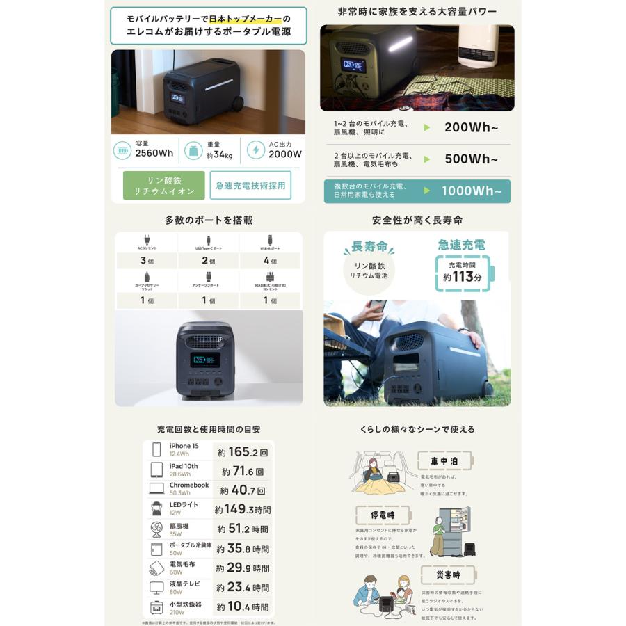 ELECOM（エレコム） ポータブル電源 2500P 2560Wh AC出力 2500W PD対応 