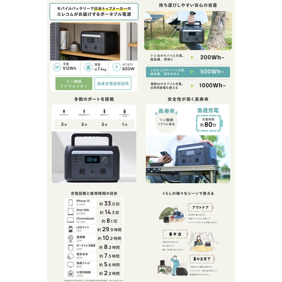 ELECOM（エレコム） ポータブル電源 500P 512Wh AC出力 600W PD対応