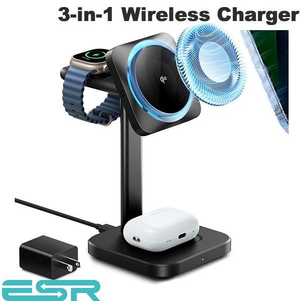 ESR Qi2 25W ワイヤレス充電器 スタンド Apple Watch AirPods 3-in-1 Wireless Charging with CryoBoost 最大25W Black | ESR