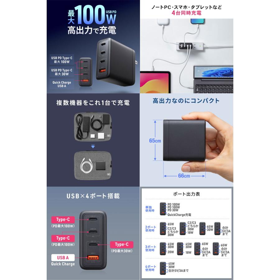 SANWA サンワサプライ USB PD対応 AC充電器 PD100W USB-A 1ポート USB-C 3ポート ブラック ACA-PD104BK