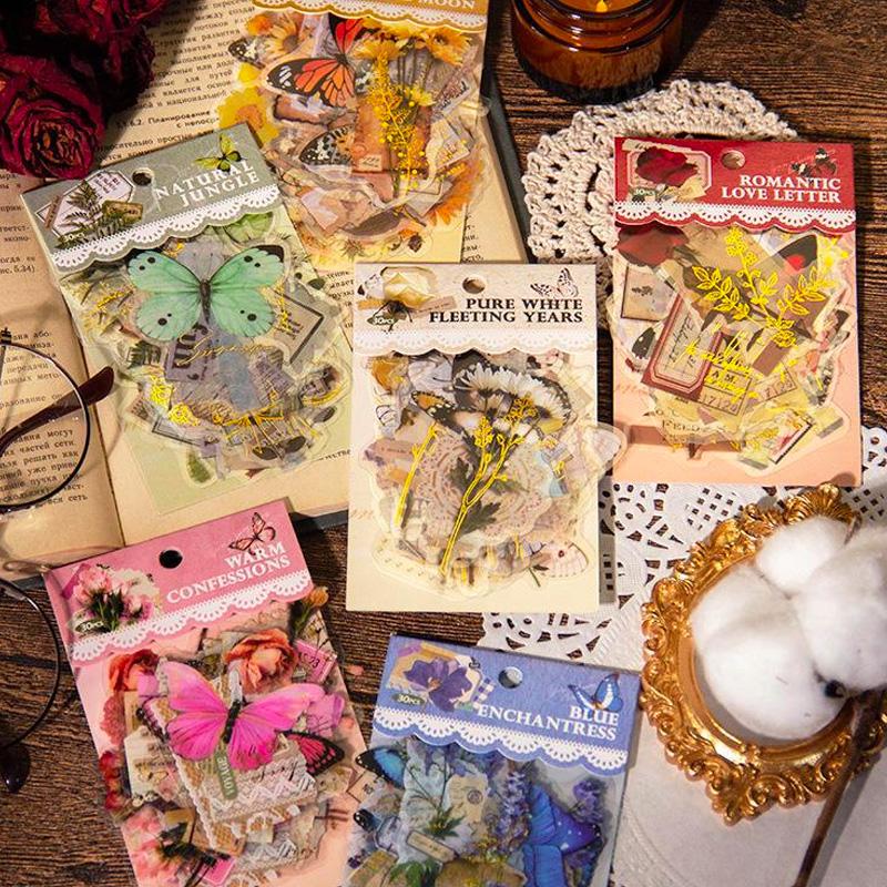 コラージュ 素材 シール 花 フラワー 蝶々 バタフライ 蝶 ジャンク