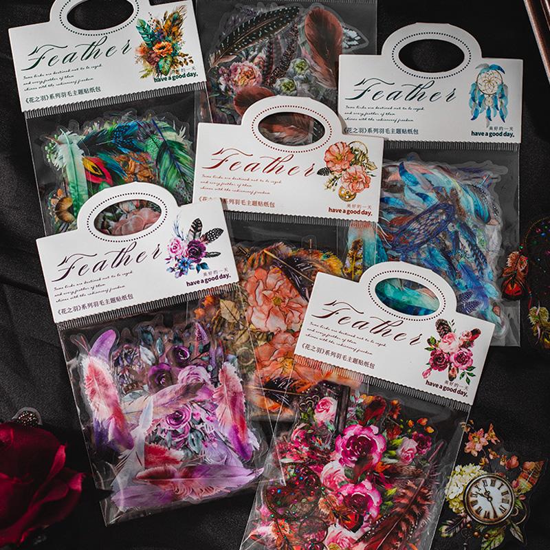 コラージュ 素材 シール 羽 花 フラワー フェザー ジャンクジャーナル