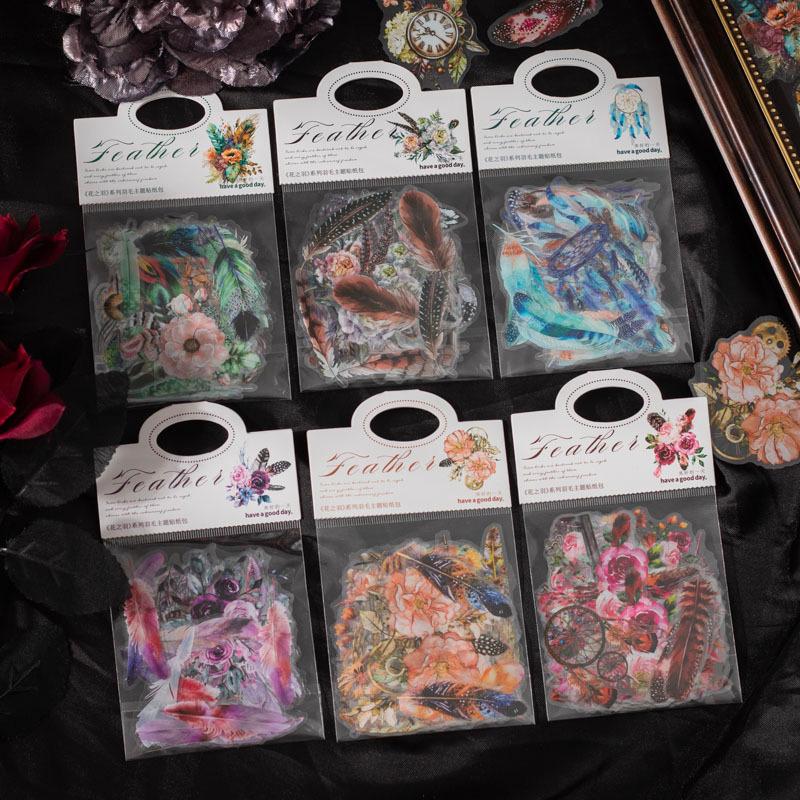 コラージュ 素材 シール 羽 花 フラワー フェザー ジャンクジャーナル