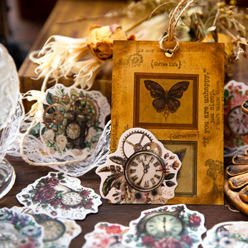 コラージュ 素材 シール 花 フラワー 時計 歯車 ジャンクジャーナル