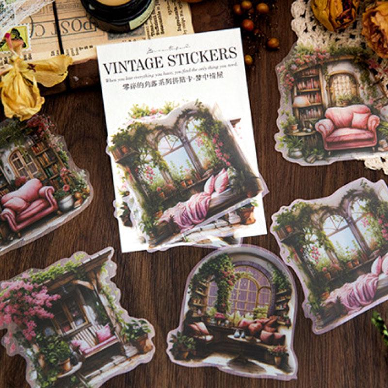 コラージュ 素材 シール 植物 ソファ ベンチ 書斎 ジャンクジャーナル