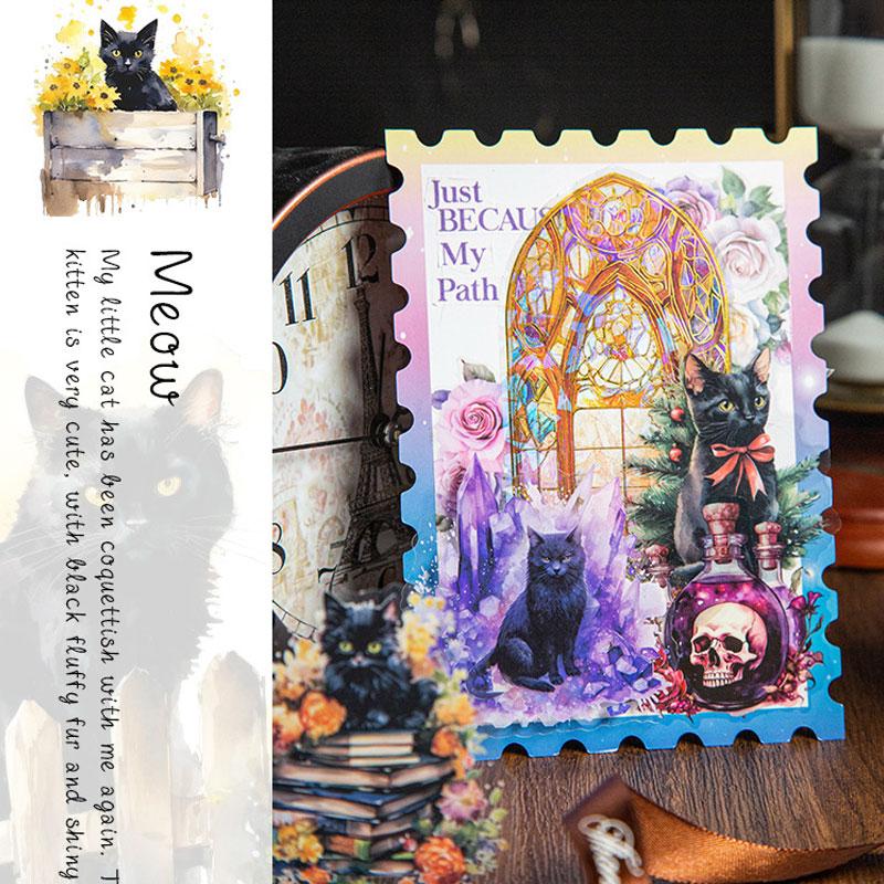 047タグ　猫ねこ女の子　コラージュタグ　布タグ　ジャンクジャーナル素材 コラージュ 素材 シール 猫 ネコ ねこ 黒猫 ジャンクジャーナル