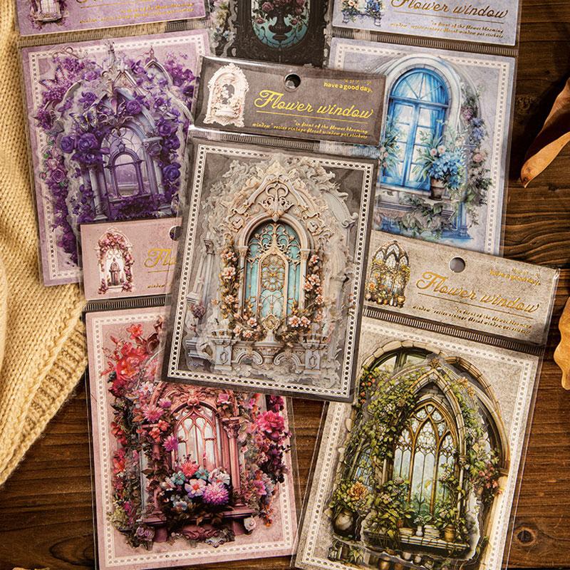 コラージュ 素材 シール 窓 窓枠 ウィンドウ 花 植物 ジャンク