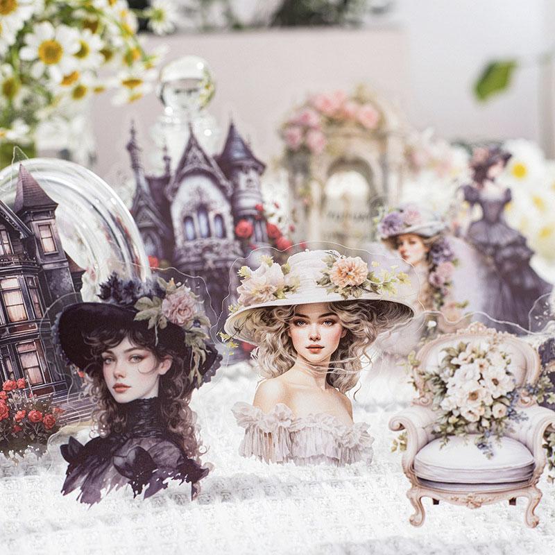 コラージュ 素材 シール 人物 女性 ドレス 薔薇 バラ 城 馬車 ジャンク