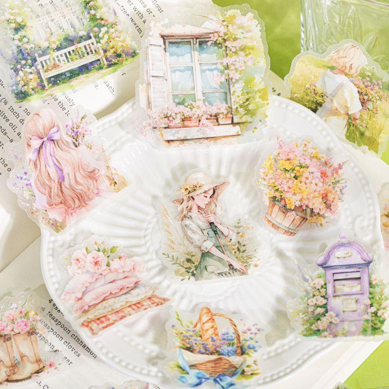 コラージュ 素材 シール 人物 女性 女の子 花 フラワー 窓 窓枠 小屋