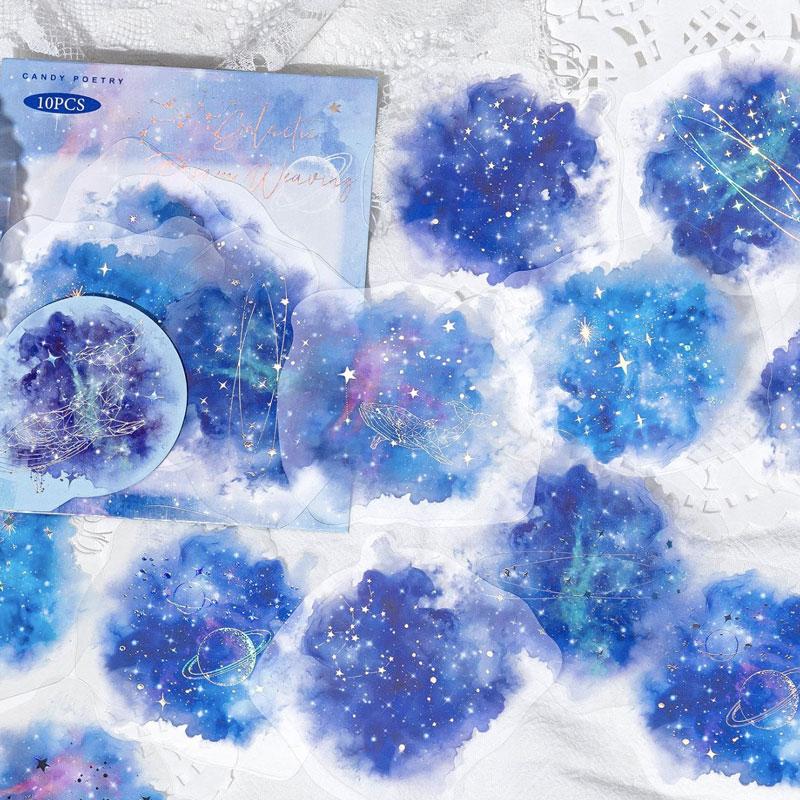 コラージュ 素材 シール 水彩 星 月 宇宙 音符 蝶 インク 滲み