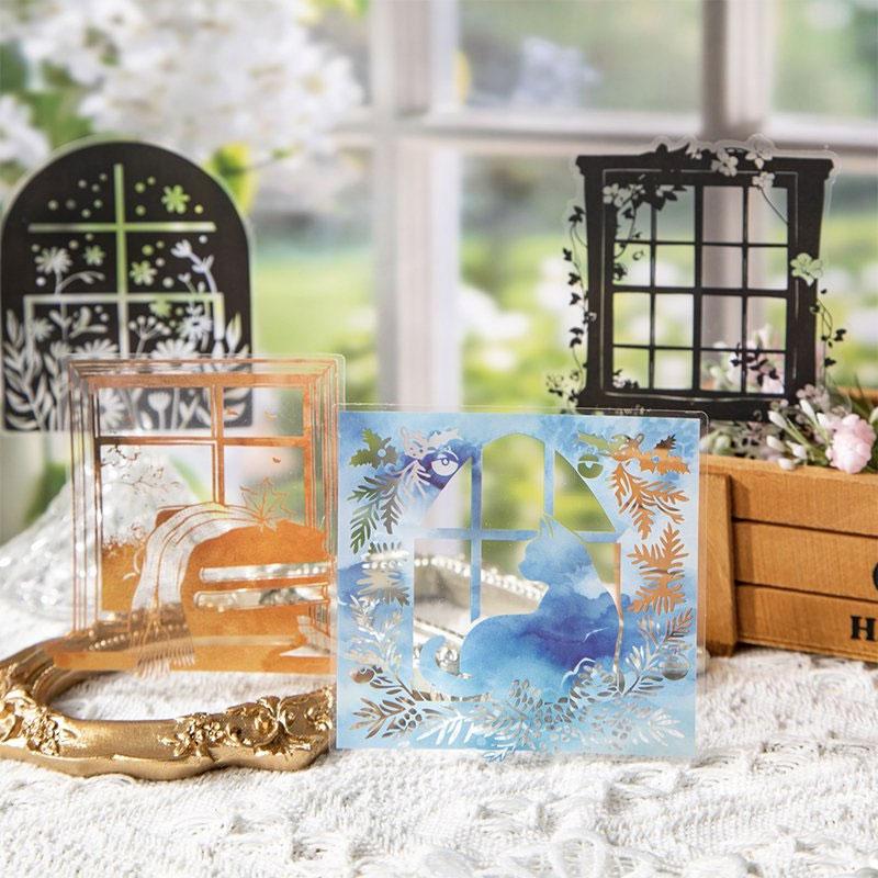 ST665 影絵 シルエット 窓 窓枠 フレーム 猫 子供 リス 小鳥 植物 PET