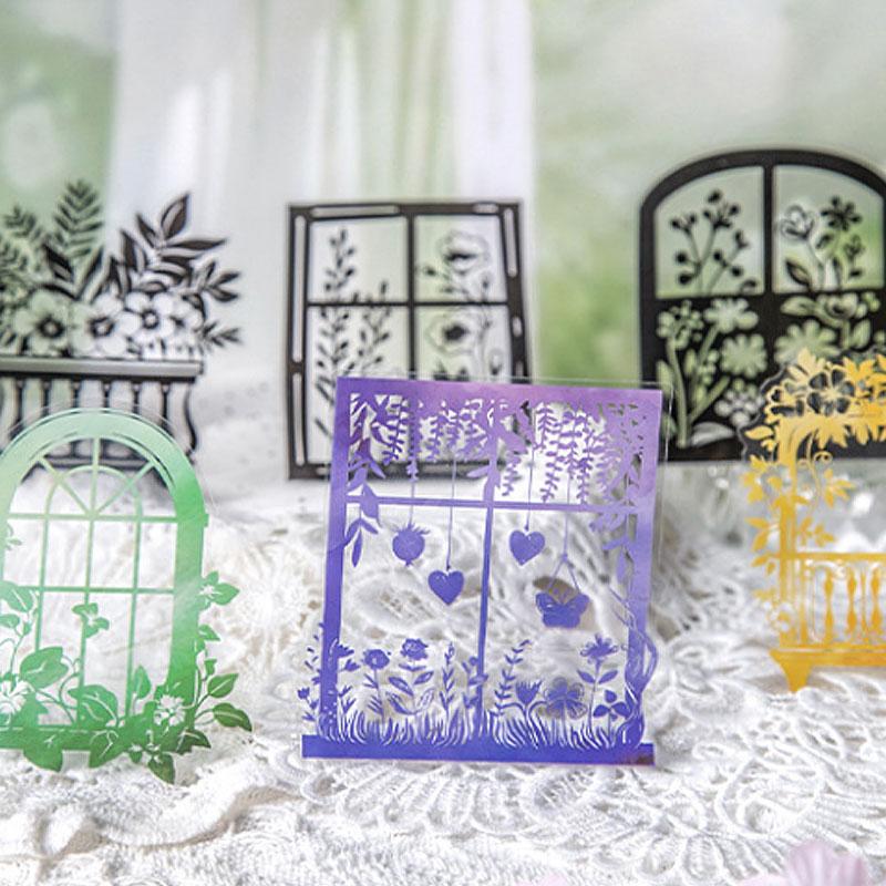 ST665 影絵 シルエット 窓 窓枠 フレーム 猫 子供 リス 小鳥 植物 PET