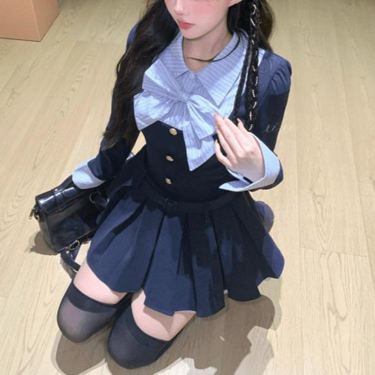 ワンピース かわいい ドレス プリーツ 長袖 ベルト付き 韓国系 リボン