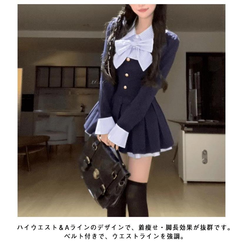 ワンピース かわいい ドレス プリーツ 長袖 ベルト付き 韓国系 リボン