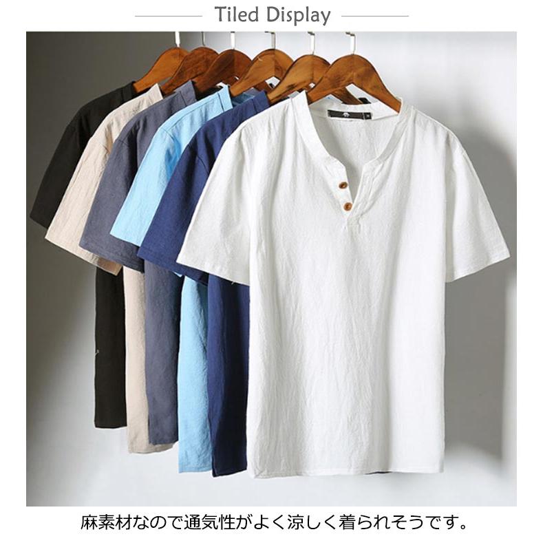 Tシャツ メンズ 半袖シャツ 綿麻シャツ リネンシャツ ヘンリーネック