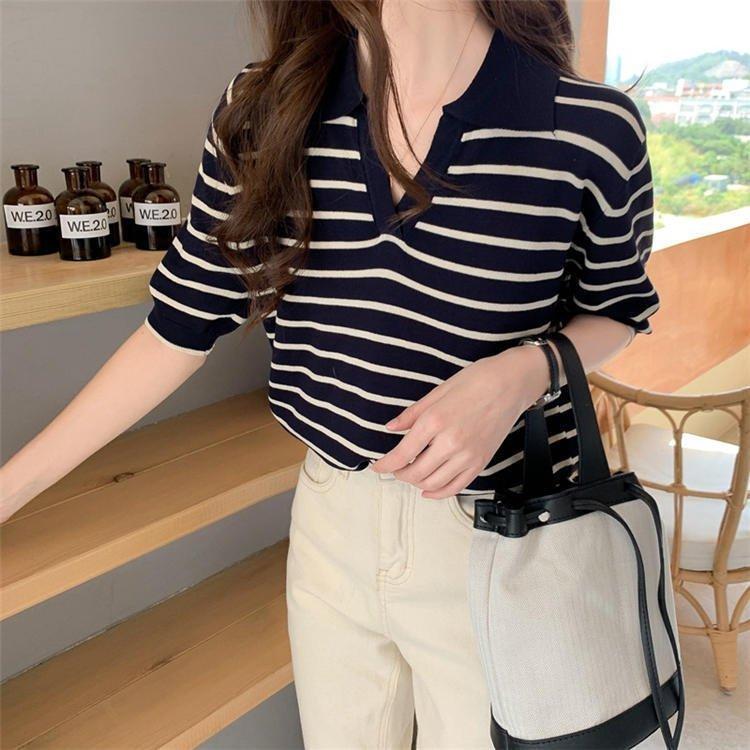 ニットtシャツ トップス レディース きれいめ 40代 春夏 半袖トップス ボーダー柄 オシャレ ブラウス Vネック Tシャツ 韓国風 大きいサイズ 人気カラーの