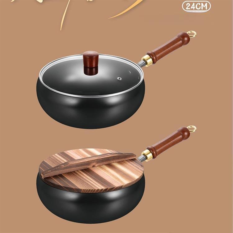 フライパン 鉄鍋 木柄 24cm 蓋付き 中華鍋 鉄フライパン 焦げ付