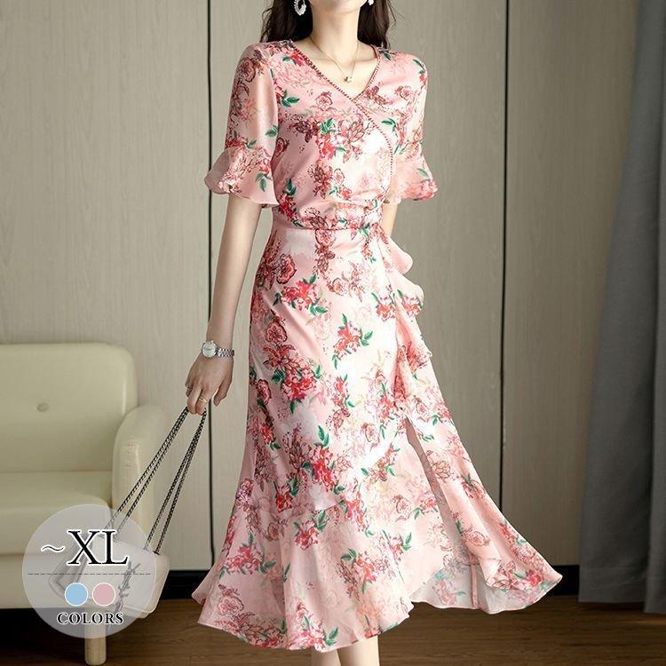 独特な ワンピース 花柄 5分袖 袖口フリル フリル スリット ロングワンピース ヨーロピアン 甘め 食事会 母親 お出かけファッション お出かけ 清楚 ワンピース カラー ブルー Folliq4 Com