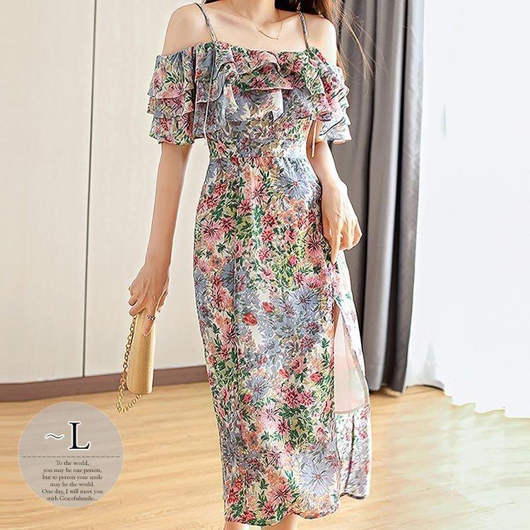 ワンピース 花柄 フリル オフショルダー スリット ロマンティック キレイ目 ストリート フェミニン お出かけファッション お出かけ かわいい 有名 なブランド