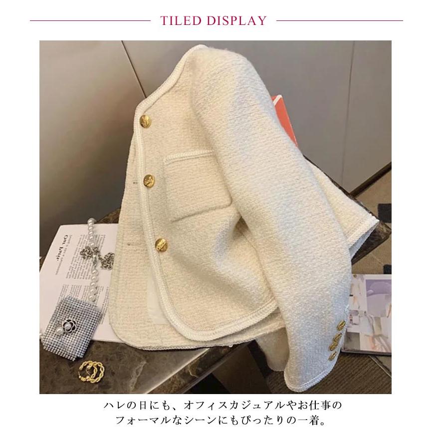 ツイードジャケット ノーカラー 黒 白 レディース ジャケット ノー